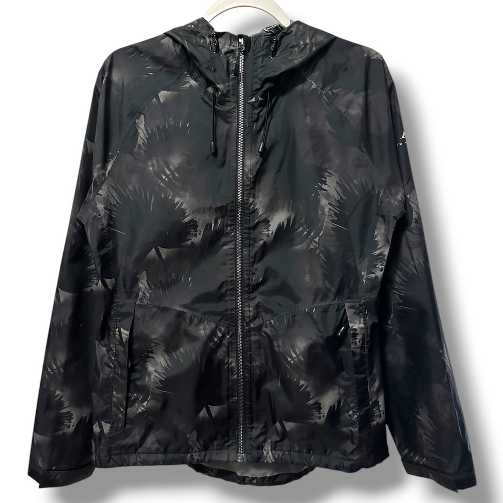 Women's Windbreaker Rain Jacket Black Grey Abstract Palm Print Hooded M Gorpcore